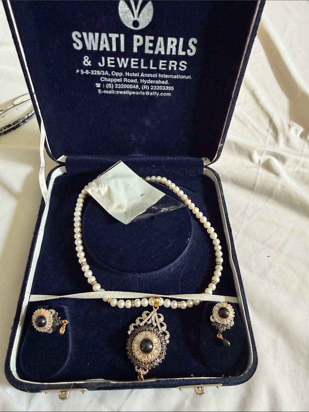 Swati Pearls White Pearl Necklace with Gold-Accent Pendant and Matching Earrings